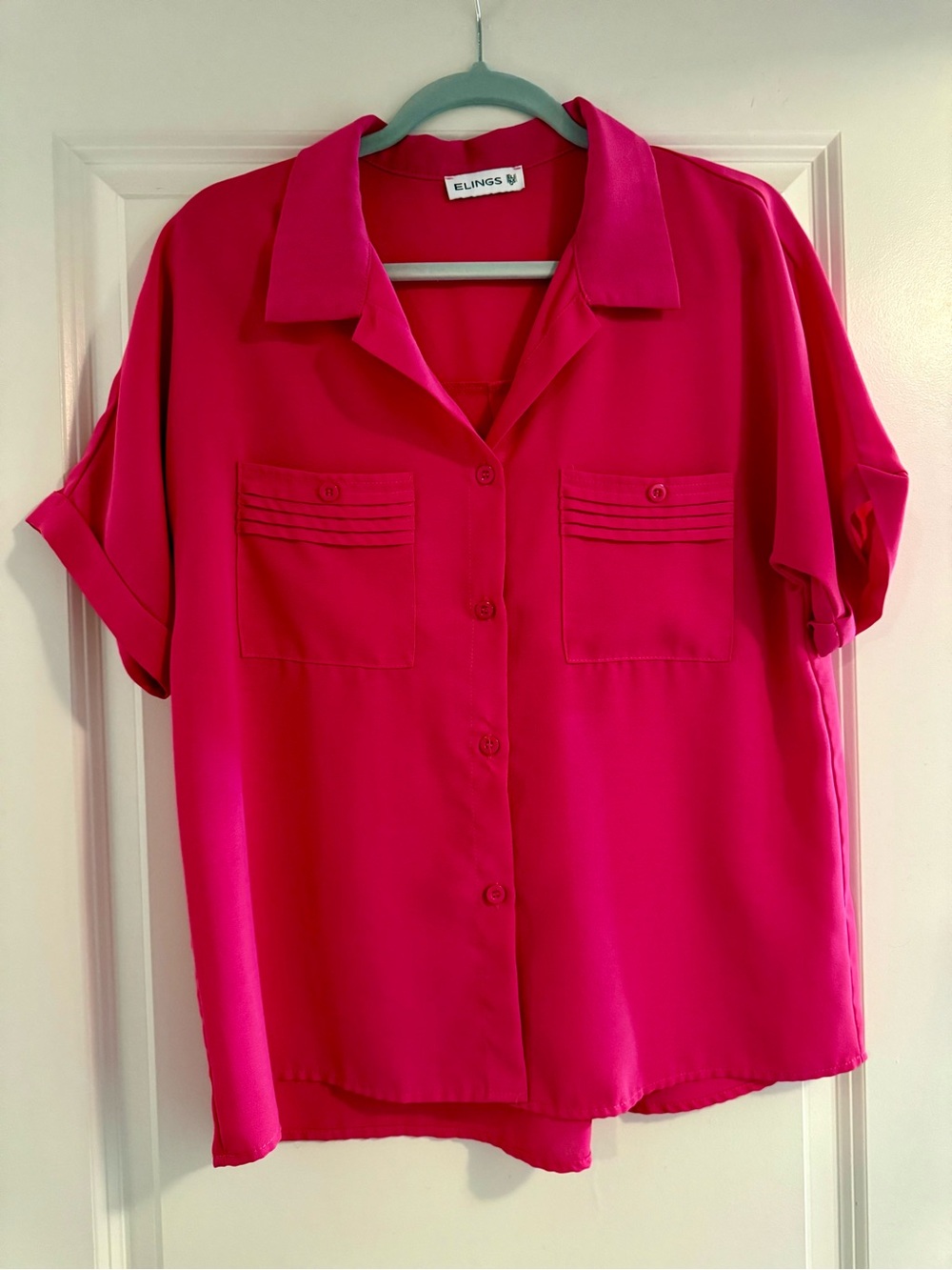 Elings Fuchsia Short-Sleeve Button-Down Pocket Blouse